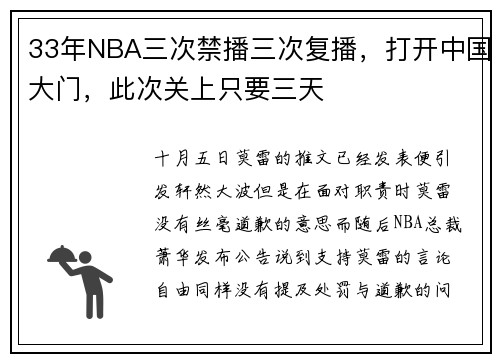 33年NBA三次禁播三次复播，打开中国大门，此次关上只要三天