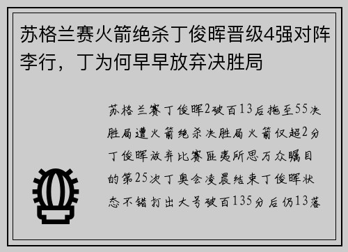苏格兰赛火箭绝杀丁俊晖晋级4强对阵李行，丁为何早早放弃决胜局