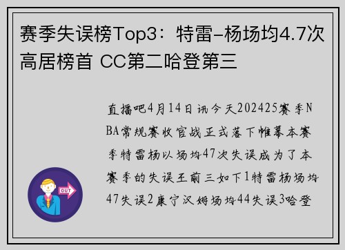 赛季失误榜Top3：特雷-杨场均4.7次高居榜首 CC第二哈登第三